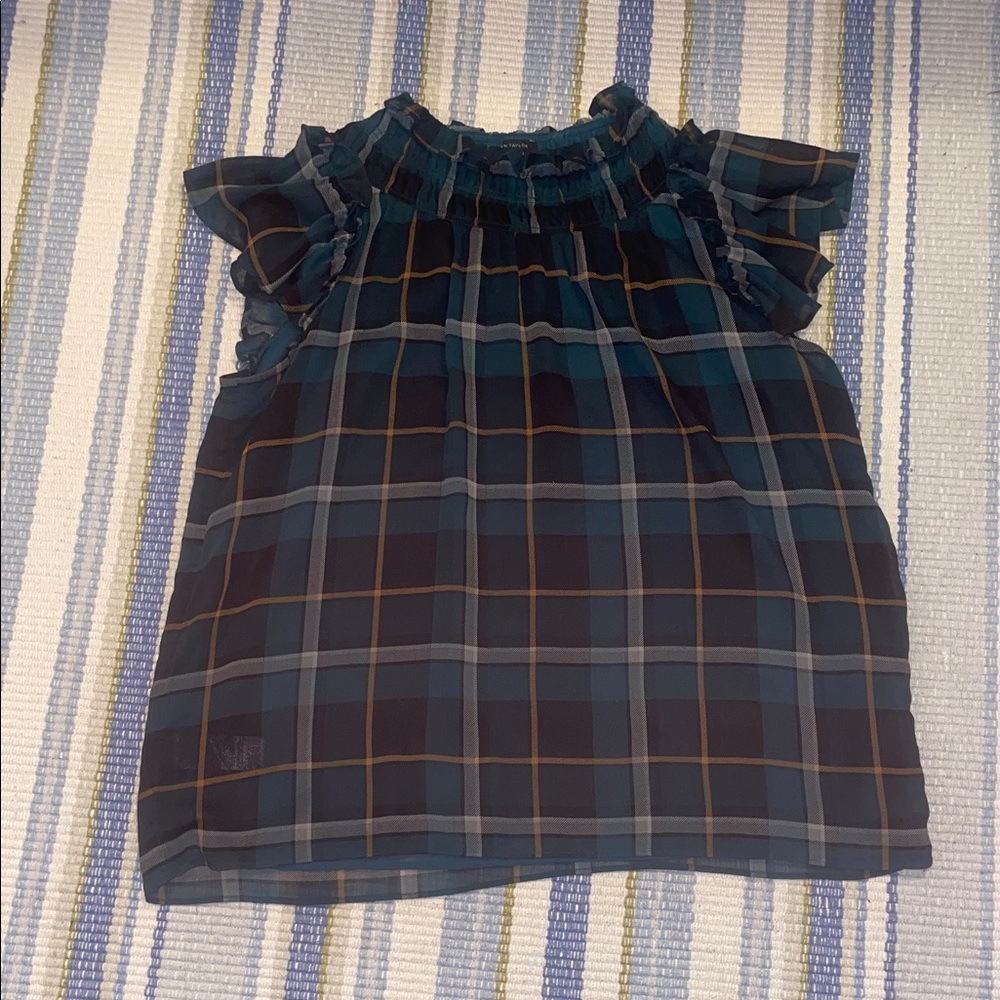 Ann Taylor  Blue Plaid Ruffle Blouse